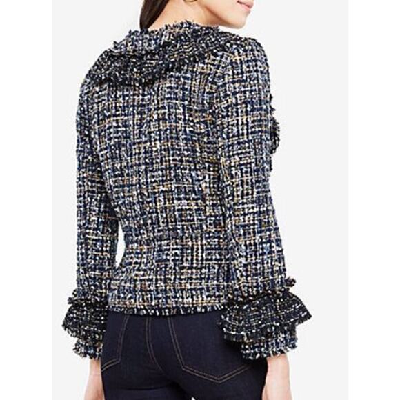 New Ann Taylor 4 Blue Black Ruffle Tweed Peplum Jacket Blazer Hook Eye Front - Picture 14 of 14